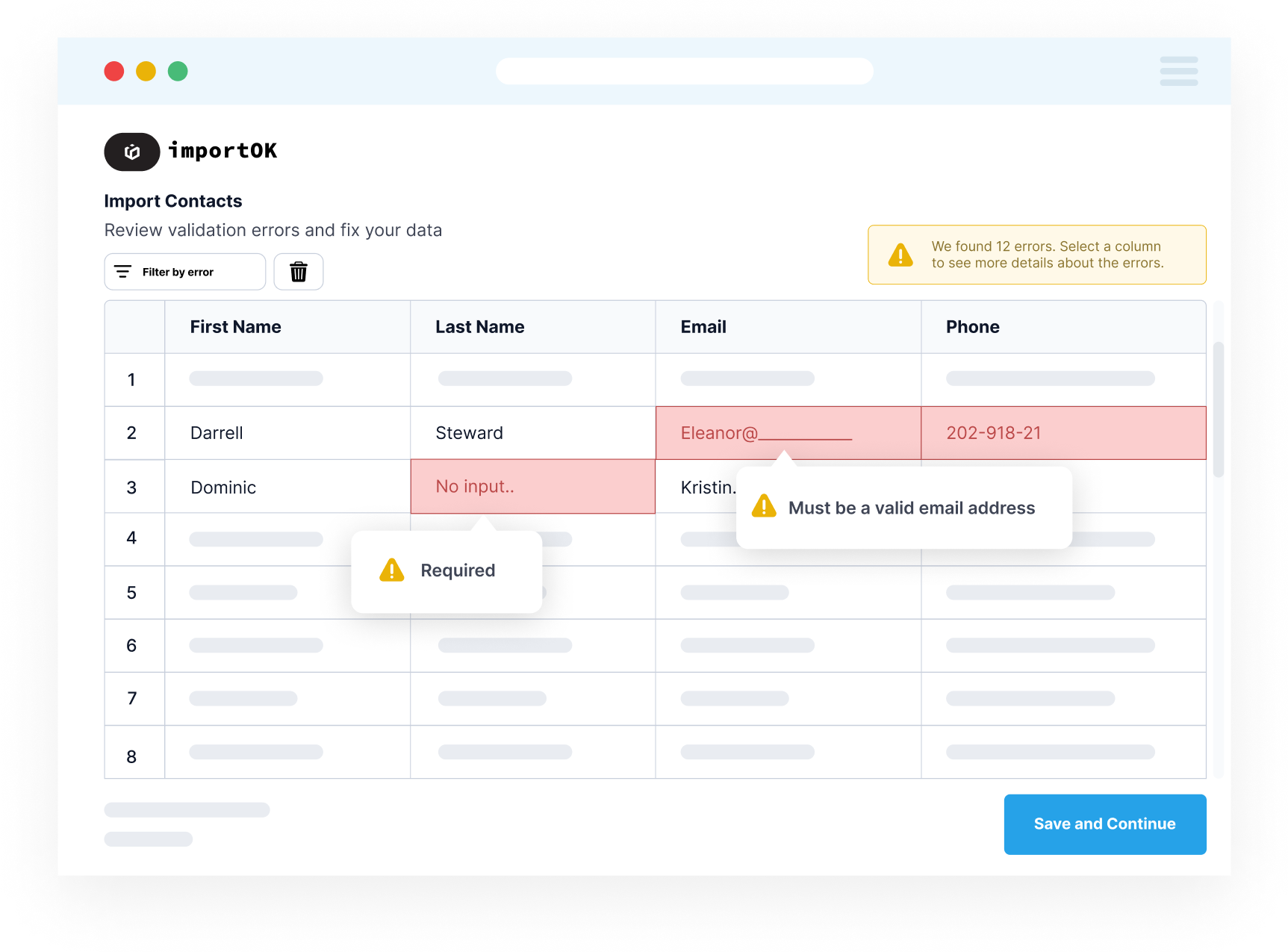 Data editor providing instead feedback for data errors